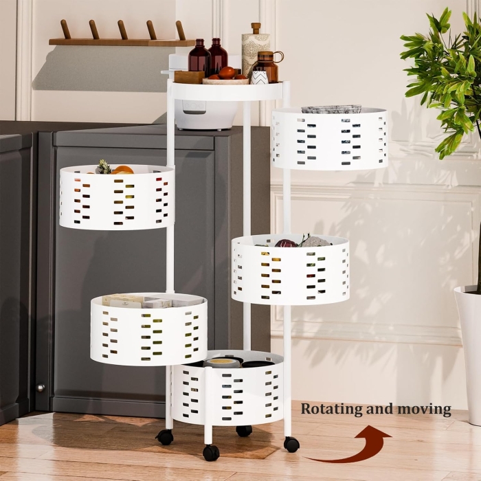 Étagère De Rangement Rotative Multifonctionnelle En Blanc À 5 Niveaux Avec 4 Roues Amovibles 