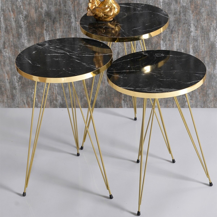 Série De 3 Tables Fer Forgé Et Bois Avec Bande Dorée 