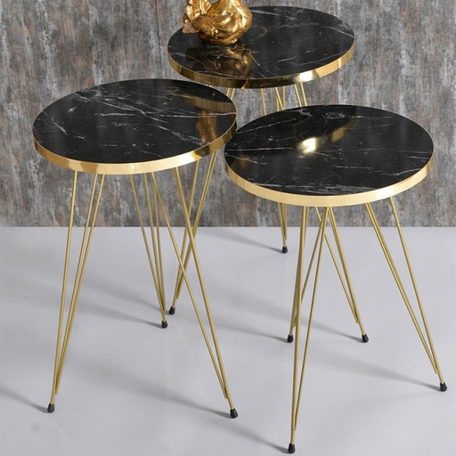 Série De 3 Tables Fer Forgé Et Bois Avec Bande Dorée 