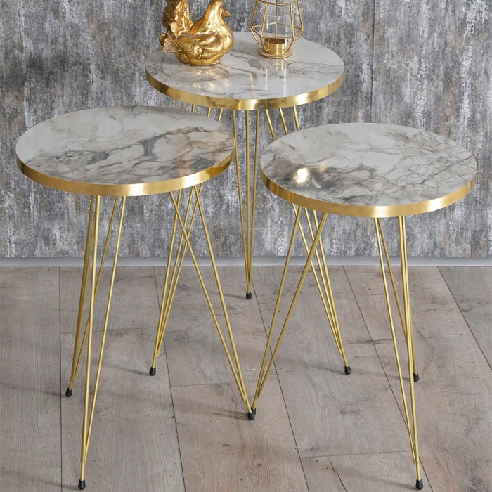 Série De 3 Tables Fer Forgé Et Bois Avec Bande Dorée 