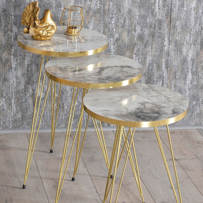 Série De 3 Tables Fer Forgé Et Bois Avec Bande Dorée 