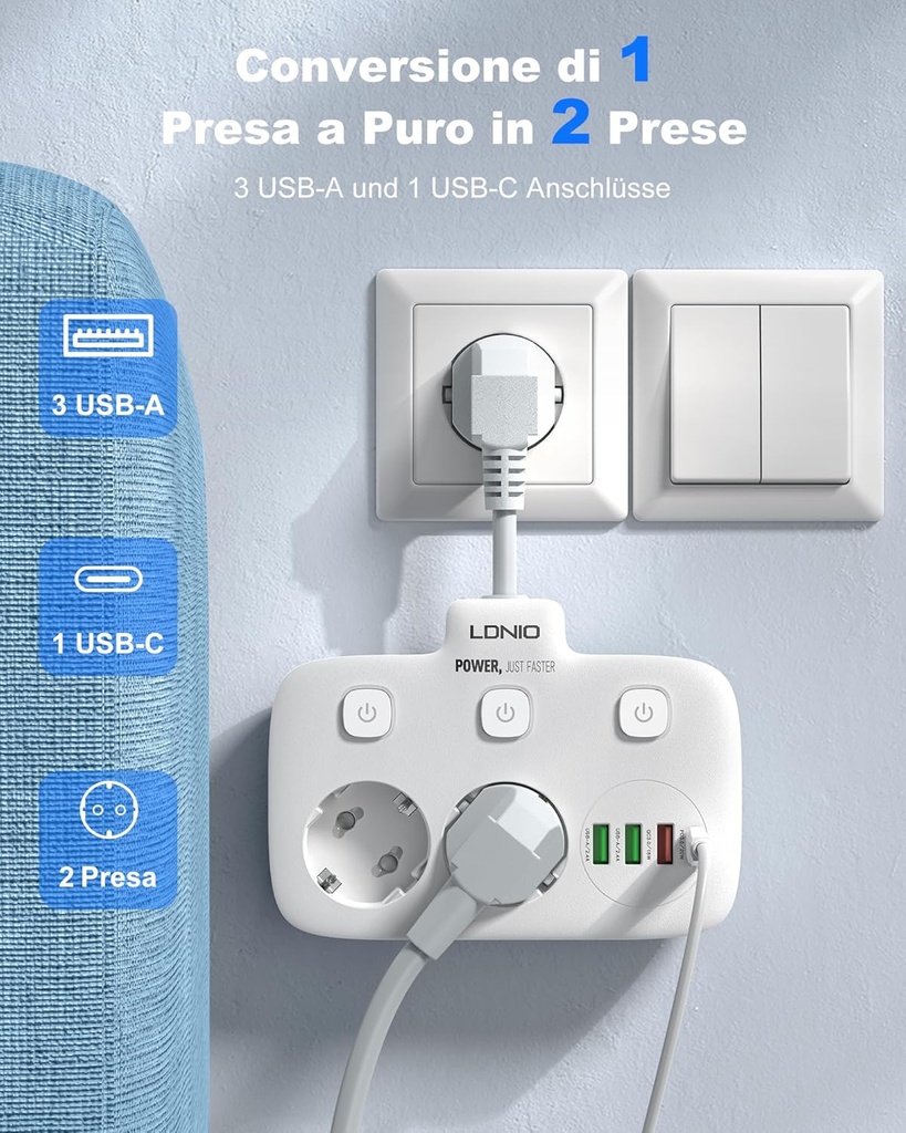 Prises d'extension 2 voies certifiées CE standard UE Multiprise avec interrupteur indépendant 2 mètres pour appareils ménagers