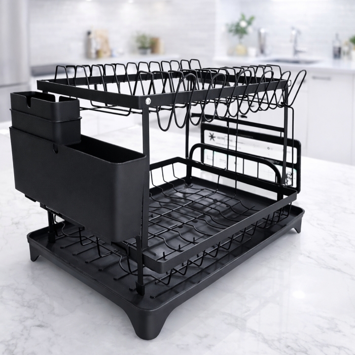 Égouttoir À Vaisselle 2 Niveaux Avec Plateau Amovible – Noir 10 Kg 