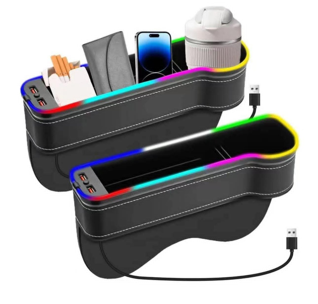 2 Pièces Organisateur Voiture, Boîte de Rangement pour Siège Écart, avec Porte Gobelet, Lumière LED, Rangement Voiture Interieur en Cuir, pour Le Stockage Téléphones, Tasse (Noir)