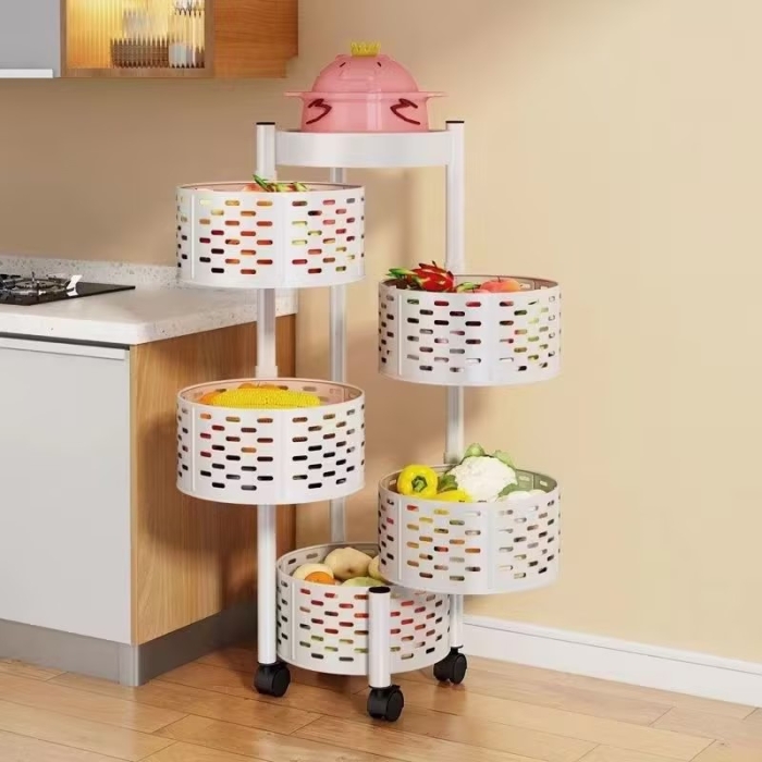 Étagère De Rangement Rotative Multifonctionnelle En Blanc À 5 Niveaux Avec 4 Roues Amovibles 