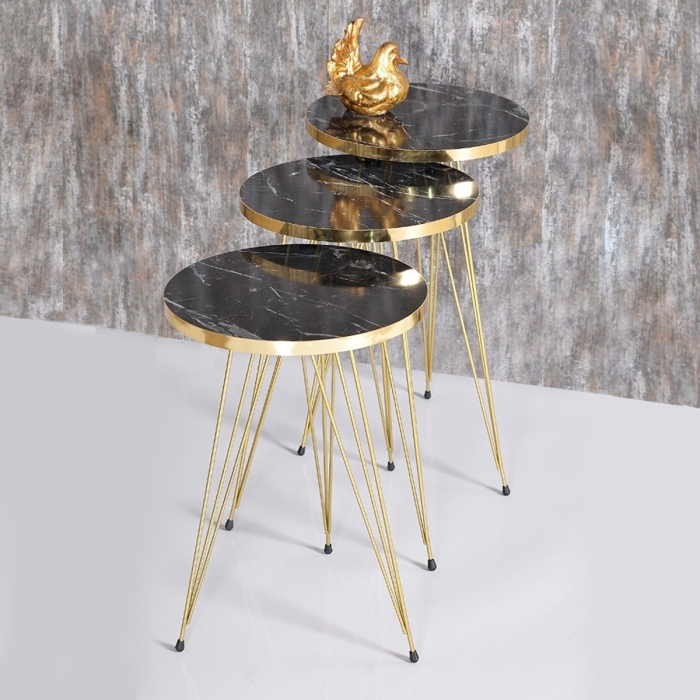 Série De 3 Tables Fer Forgé Et Bois Avec Bande Dorée 